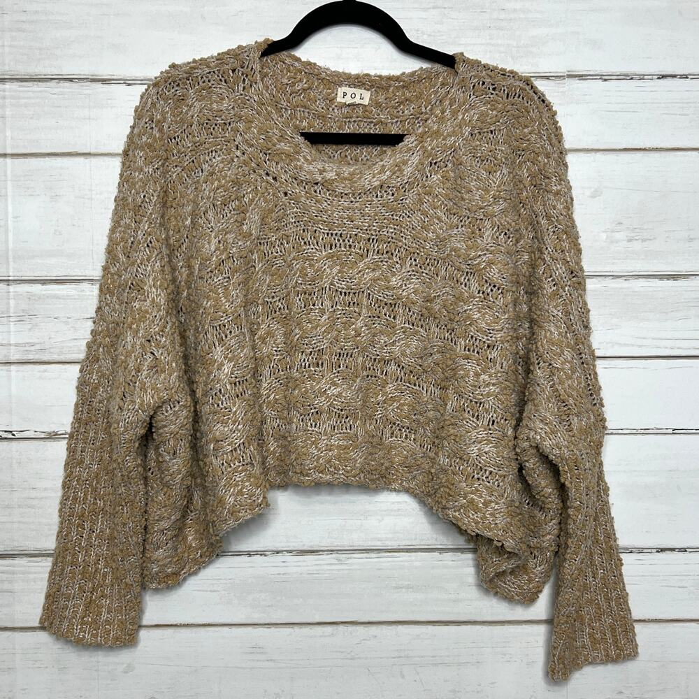 POL Chunky Knit Cropped Sweater Small Tan Cream Boho Pullover